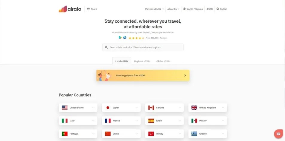 Airalo app country selection screen