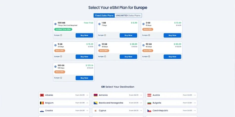 GigSky pricing screen showing plan sizes and costs