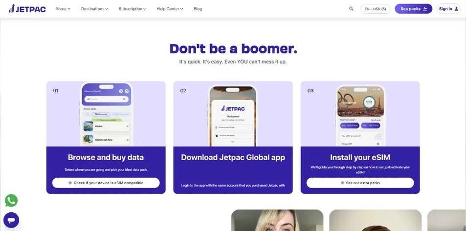 Jetpac eSIM installation and activation screen
