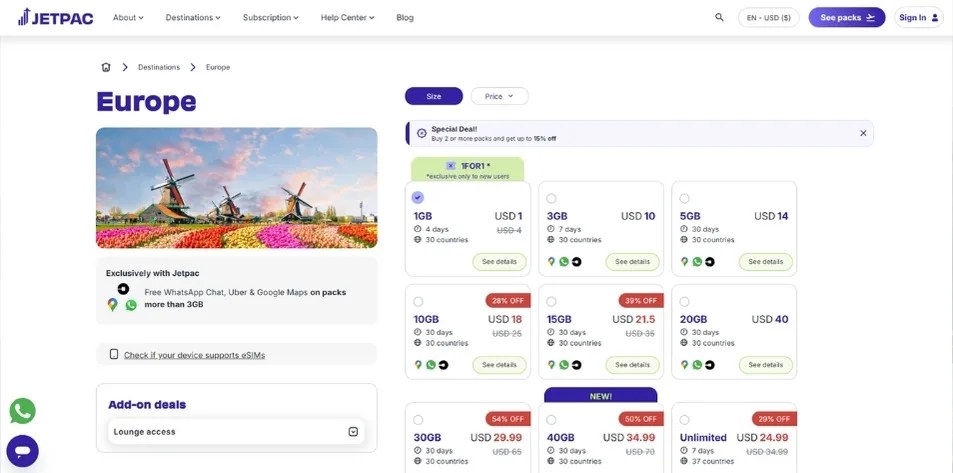 Jetpac pricing screen showing plan sizes and costs