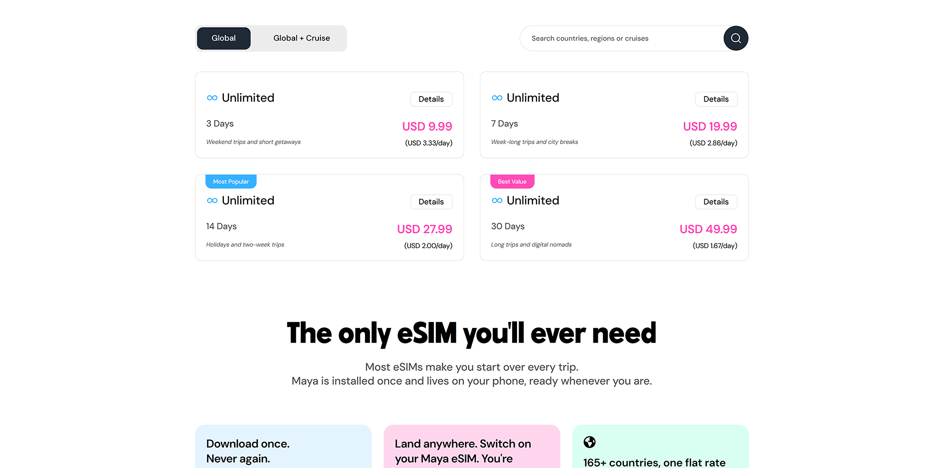 Maya Mobile pricing page showing plan sizes and costs