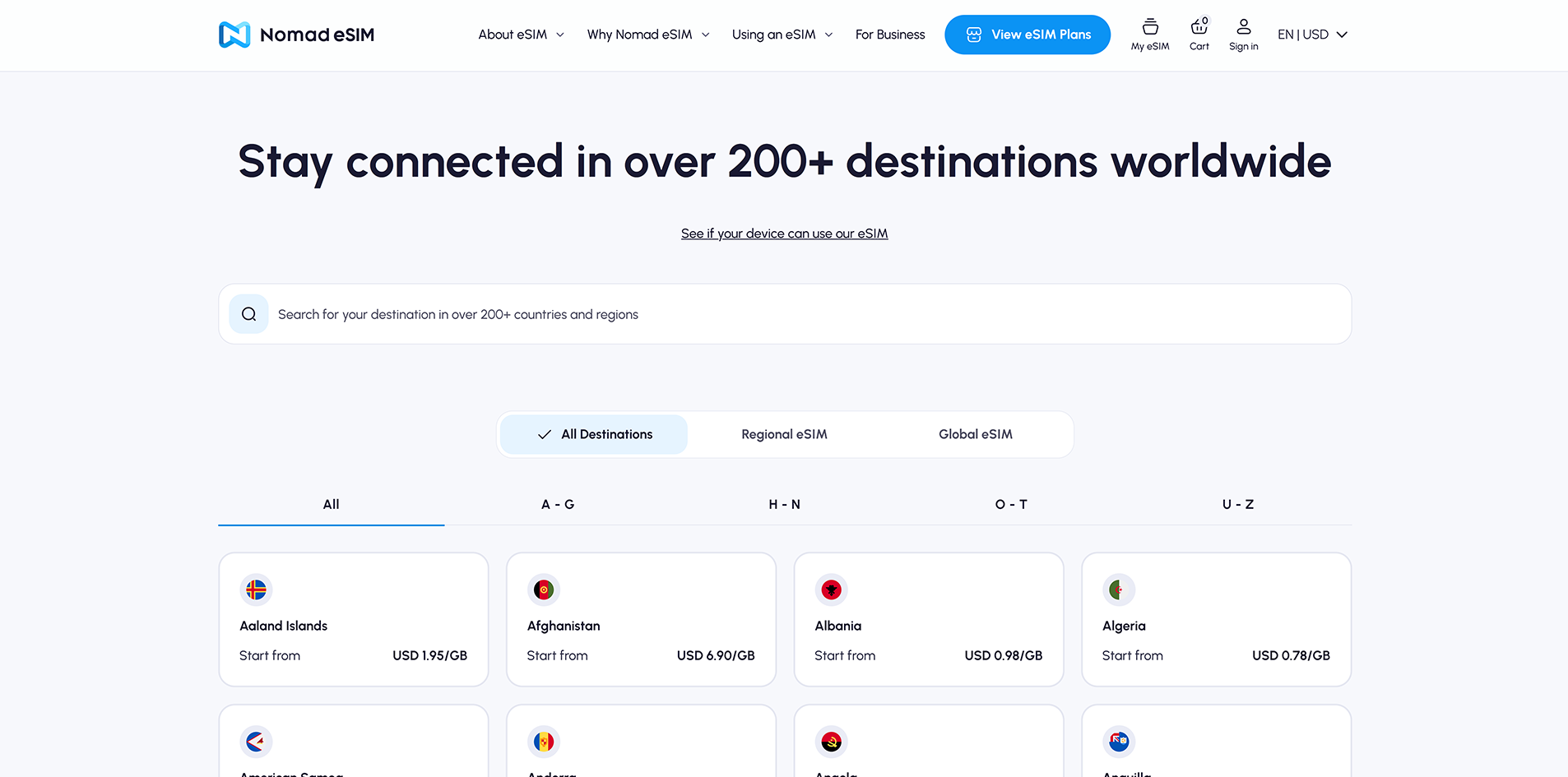Nomad app destination and plan selection screen