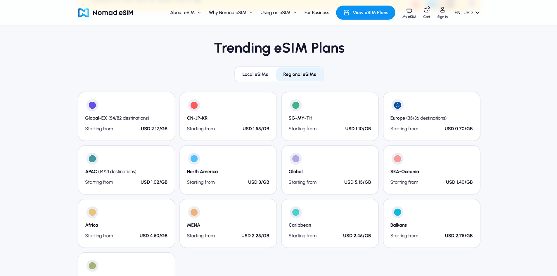 Nomad pricing screen showing plan sizes and costs