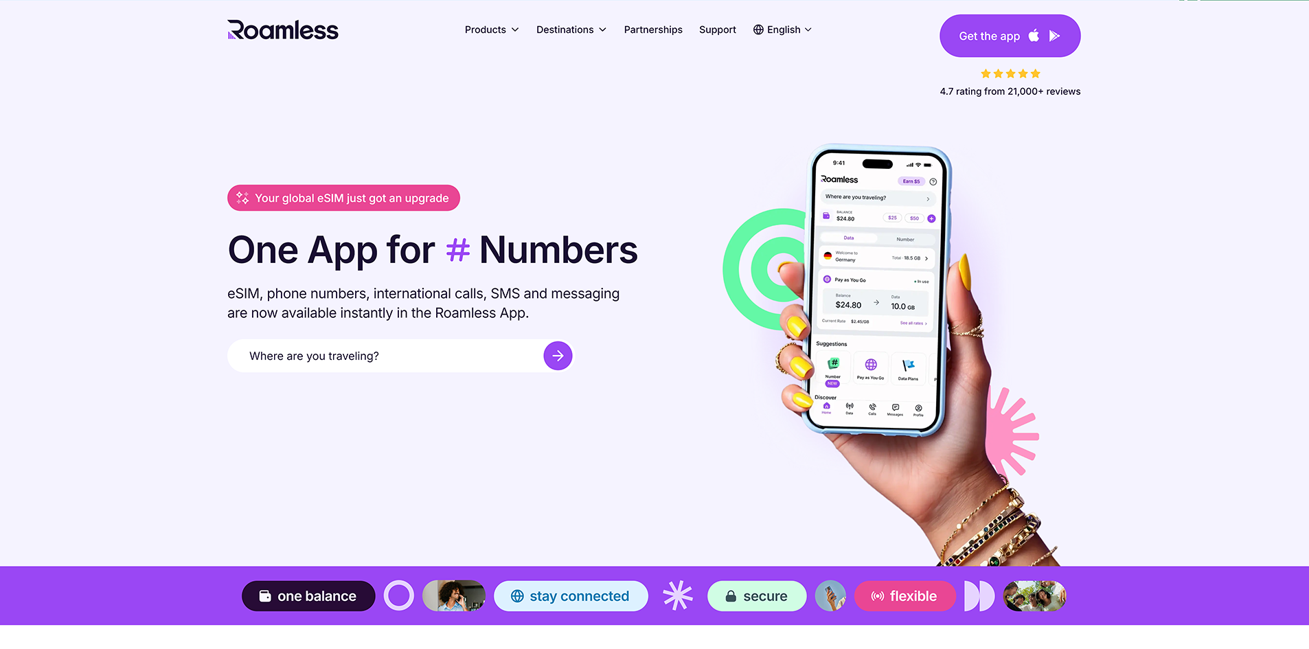 Roamless app destination and plan selection screen
