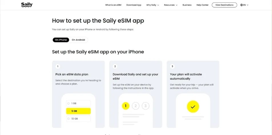 Saily eSIM installation and activation screen