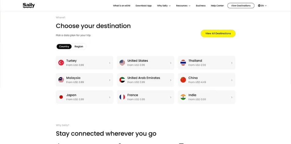 Saily eSIM pricing screen showing plan sizes and costs