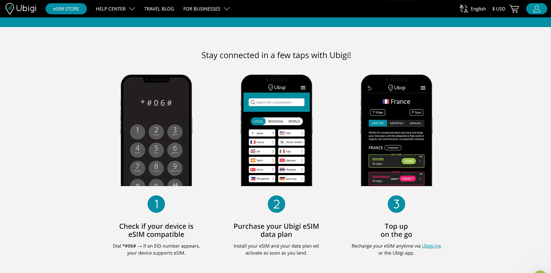 Ubigi eSIM installation and activation screen