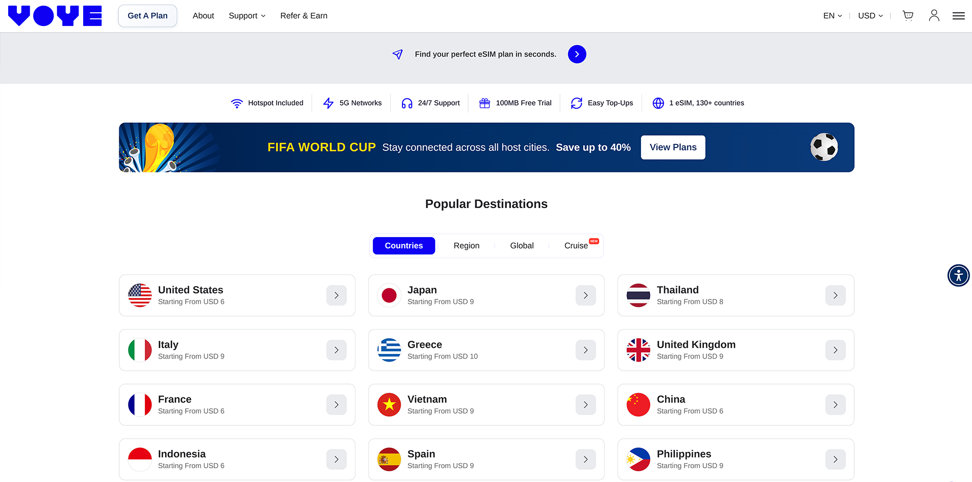Voye app destination and plan selection screen