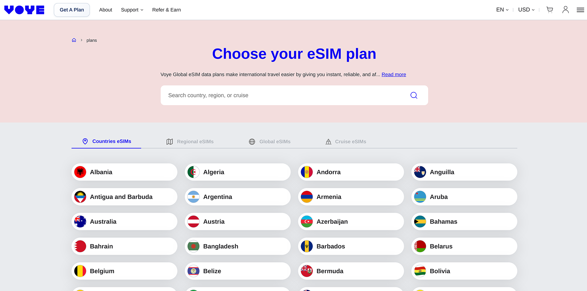 Voye pricing screen showing plan sizes and costs
